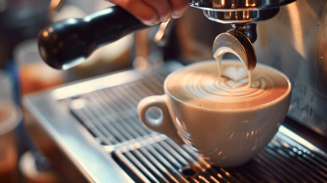 Preparación de taza de café en máquina espresso. Trabajando haciendo un café profesional. - Powered by Adobe