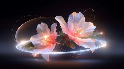 Abstract depiction of space exploration with colorful flowers and technological elements intertwining symbolizing the harmony between new technology discoveries and the beauty of nature Illustration,