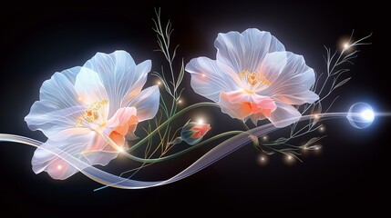 Abstract depiction of space exploration with colorful flowers and technological elements intertwining symbolizing the harmony between new technology discoveries and the beauty of nature Illustration,