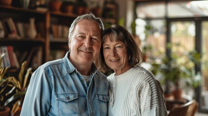 The elderly couple smiling indoors