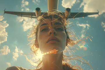 A striking low-angle shot of a woman looking up, with planes flying overhead against a bright blue sky, capturing a sense of wonder and amazement