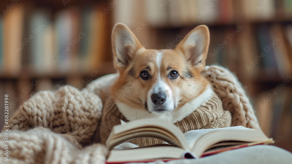 Wall mural Corgi in sweater reads book cozy autumn winter warm concept