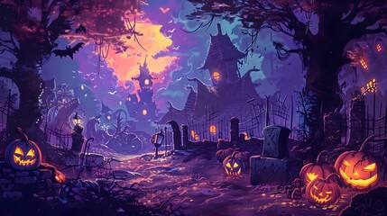 Fototapeta premium Spooky Halloween Background: Jack-o'-Lanterns and Pumpkins for October Festivities. Wallpaper for halloween. Spooky graveyard background.