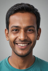 Obraz premium Portrait view of a regular happy smiling Bangladesh man, ultra realistic, candid, social media, avatar image, plain solid background
