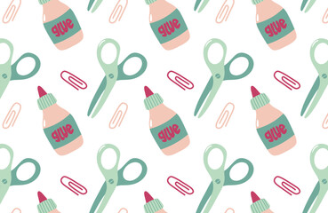 Back to school seamless pattern background. Glue and scissors.