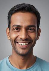 Obraz premium Portrait view of a regular happy smiling India man, ultra realistic, candid, social media, avatar image, plain solid background