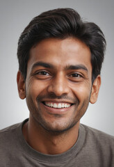 Obraz premium Portrait view of a regular happy smiling India man, ultra realistic, candid, social media, avatar image, plain solid background