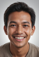 Fototapeta premium Portrait view of a regular happy smiling Indonesia man, ultra realistic, candid, social media, avatar image, plain solid background