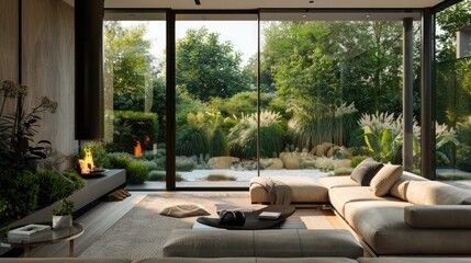 Fototapeta premium A stylish living room featuring a modern fireplace, plush sofas, and large floor-to-ceiling windows with a breathtaking garden view.