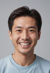 Fototapeta premium Portrait view of a regular happy smiling Japan man, ultra realistic, candid, social media, avatar image, plain solid background