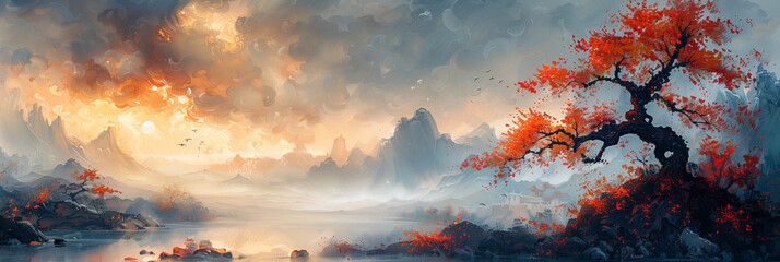 Traditional eastern art. Ink painting. Zen. ancient scroll. Fantasy landscape panorama. Background wallpaper, poster, invitation, flyer, banner, email, header, social media post. Generative Ai content