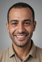 Obraz premium Portrait view of a regular happy smiling Iraq man, ultra realistic, candid, social media, avatar image, plain solid background