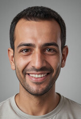 Obraz premium Portrait view of a regular happy smiling Iraq man, ultra realistic, candid, social media, avatar image, plain solid background