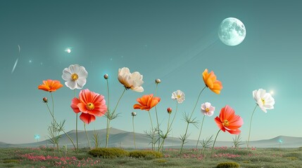 Digital art featuring an abstract cosmic landscape with vibrant flowers and advanced technological elements highlighting the harmony between new space discoveries and nature Illustration, Image, ,