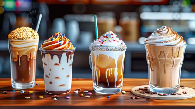 Delicious milkshakes and frappes with whipped cream, chocolate, caramel, and colorful toppings, served in glass cups on a wooden counter.