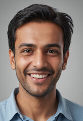 Obraz premium Portrait view of a regular happy smiling Pakistan man, ultra realistic, candid, social media, avatar image, plain solid background