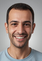 Fototapeta premium Portrait view of a regular happy smiling Syria man, ultra realistic, candid, social media, avatar image, plain solid background
