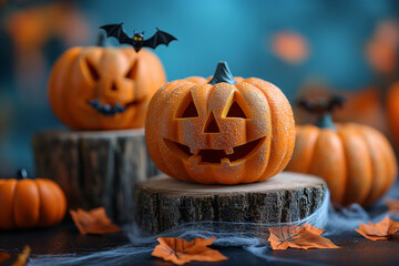 A group of pumpkins with bats on top of them
