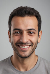 Fototapeta premium Portrait view of a regular happy smiling Syria man, ultra realistic, candid, social media, avatar image, plain solid background