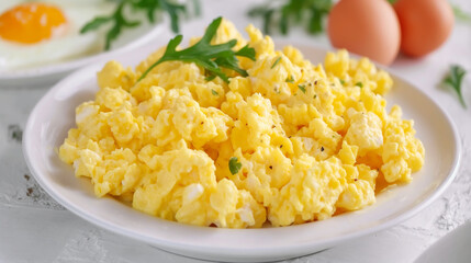 Homemade delicious scrambled eggs on breakfast on white plate