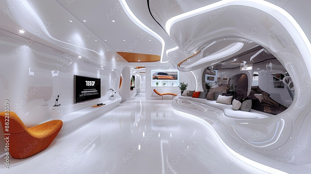 Poster futuristic showroom design with interactive elements