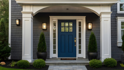 Front porch of house with front door open