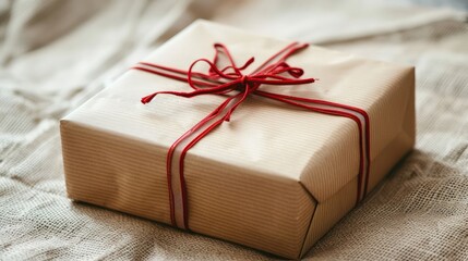 A neatly wrapped gift box with brown paper and red string lies on cloth, conveying simplicity and elegance, perfect for special occasions.