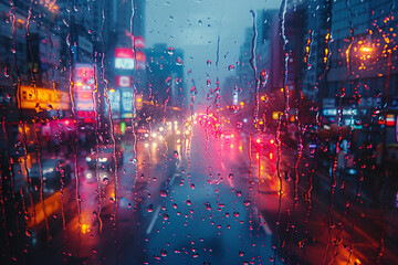 A bustling city street seen through a rain-soaked window, where the raindrops add a layer of shimmer to the glowing red and yellow lights of the city at night