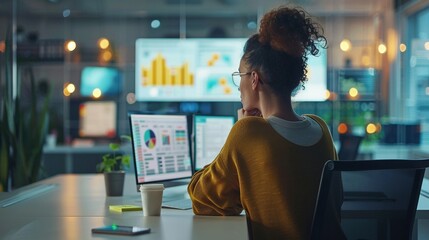 Businesswoman analyzes data on multiple screens in bokeh office image,. Office lady focused on charts graphs photography scene wallpaper. Data visualization concept photorealistic photo