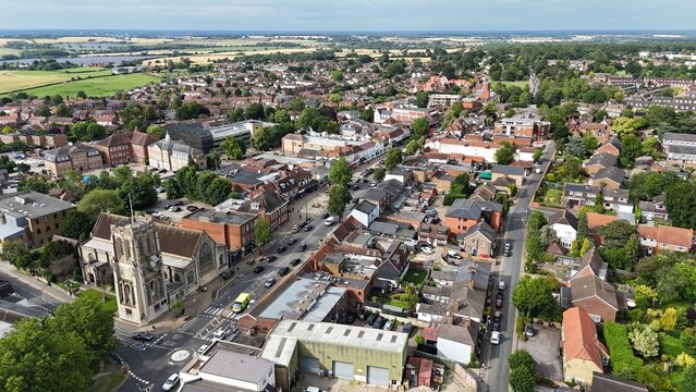 High street Epping market town Essex UK drone,aerial