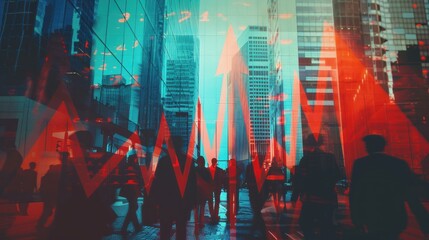 Silhouettes of People Walking Through an Urban Landscape With Red Arrows and Glass Buildings