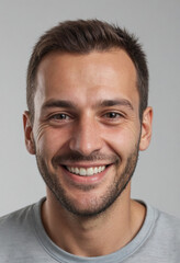 Fototapeta premium Portrait view of a regular happy smiling Kosovo man, ultra realistic, candid, social media, avatar image, plain solid background