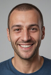 Obraz premium Portrait view of a regular happy smiling Kosovo man, ultra realistic, candid, social media, avatar image, plain solid background