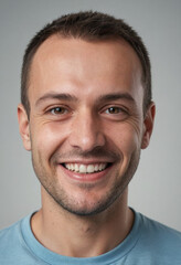 Obraz premium Portrait view of a regular happy smiling Moldova man, ultra realistic, candid, social media, avatar image, plain solid background