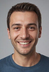 Obraz premium Portrait view of a regular happy smiling North Macedonia man, ultra realistic, candid, social media, avatar image, plain solid background