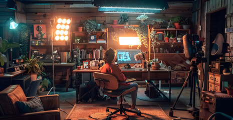 The room is filled with various potted plants and books, giving it a cozy