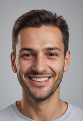 Obraz premium Portrait view of a regular happy smiling Romania man, ultra realistic, candid, social media, avatar image, plain solid background