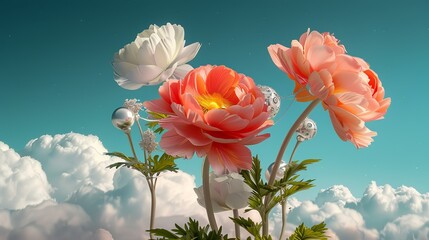 Digital art featuring an abstract cosmic landscape with vibrant flowers and advanced technological elements highlighting the harmony between new space discoveries and nature Illustration, Image, ,