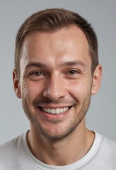 Obraz premium Portrait view of a regular happy smiling Russia man, ultra realistic, candid, social media, avatar image, plain solid background