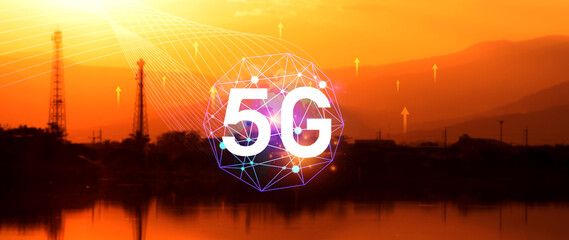 5G network concept for background, holographic digital globe with interconnected 5G symbols, 5G technology in modern business and communication, digital transformation.