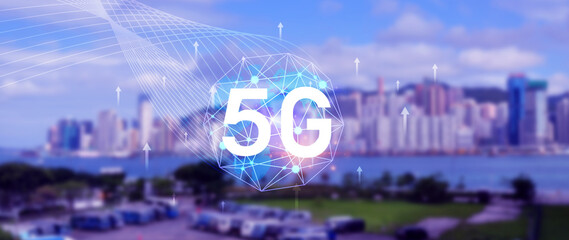 5G network concept for background, holographic digital globe with interconnected 5G symbols, 5G technology in modern business and communication, digital transformation.