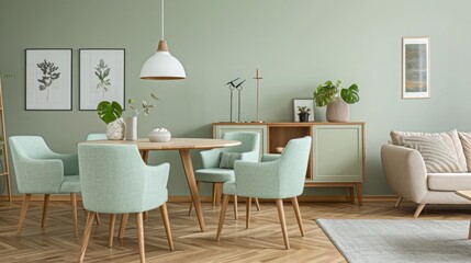 A stylish living room showcasing mint color chairs at a round wooden dining table, a comfortable sofa, and a modern cabinet by a light green wall, with wooden floors and minimalist Scandinavian decor.