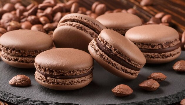 Coffee flavored macaron with a cup of hot black coffee
