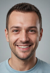 Obraz premium Portrait view of a regular happy smiling Ukraine man, ultra realistic, candid, social media, avatar image, plain solid background