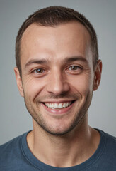 Fototapeta premium Portrait view of a regular happy smiling Ukraine man, ultra realistic, candid, social media, avatar image, plain solid background