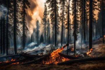 Obraz premium Forest fire. fallen tree is burned to the ground a lot of smoke when vildfire.