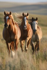 Fototapeta premium Wild horses galloping through grassland