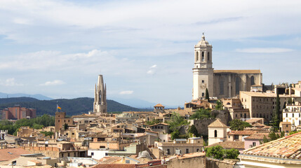 Obraz premium View of the old town and cathedral on a day. Close-up. Gerona. Spain.