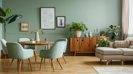 Fototapeta premium A stylish mid-century living space featuring mint chairs around a round wooden dining table, an elegant sofa, and a modern cabinet set against a green wall, 
