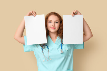 Female doctor with blank paper sheets on beige background